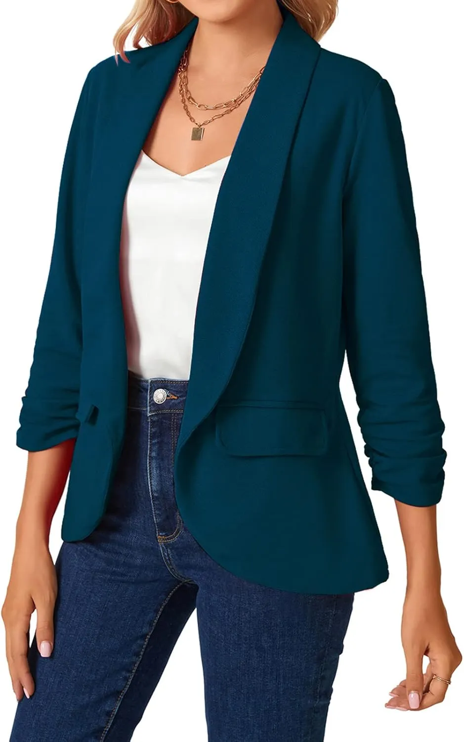 MINTLIMIT Womens Blazer 3/4 Ruched Sleeve Shawl Collar Business Work Blazers Open Front Casual Jackets with Pockets