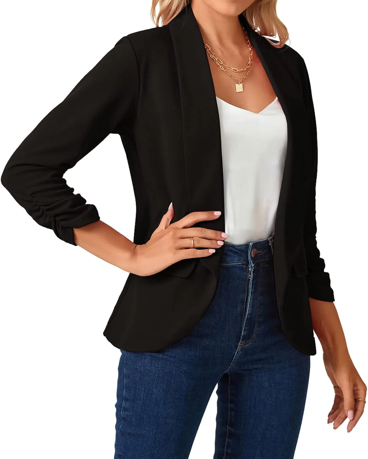 MINTLIMIT Womens Blazer 3/4 Ruched Sleeve Shawl Collar Business Work Blazers Open Front Casual Jackets with Pockets