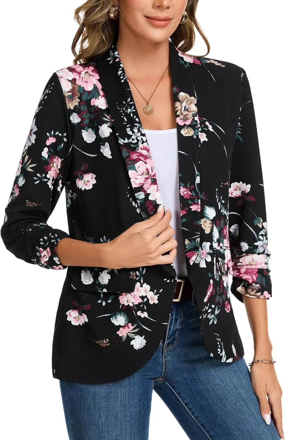 MINTLIMIT Womens Blazer 3/4 Ruched Sleeve Shawl Collar Business Work Blazers Open Front Casual Jackets with Pockets