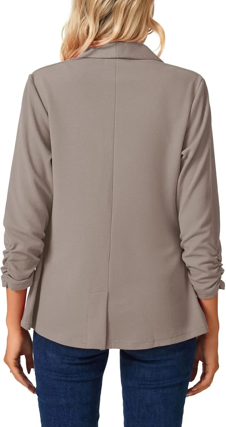MINTLIMIT Womens Blazer 3/4 Ruched Sleeve Shawl Collar Business Work Blazers Open Front Casual Jackets with Pockets