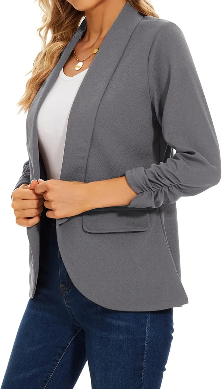 MINTLIMIT Womens Blazer 3/4 Ruched Sleeve Shawl Collar Business Work Blazers Open Front Casual Jackets with Pockets