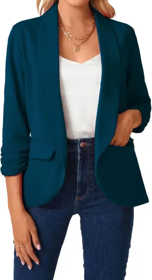 MINTLIMIT Womens Blazer 3/4 Ruched Sleeve Shawl Collar Business Work Blazers Open Front Casual Jackets with Pockets