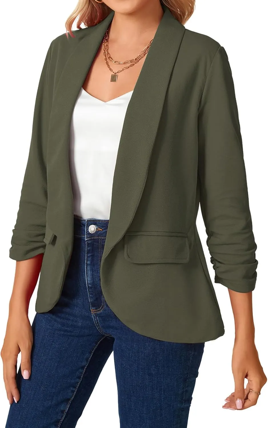 MINTLIMIT Womens Blazer 3/4 Ruched Sleeve Shawl Collar Business Work Blazers Open Front Casual Jackets with Pockets
