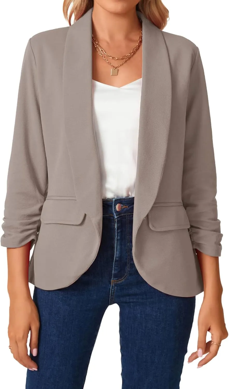 MINTLIMIT Womens Blazer 3/4 Ruched Sleeve Shawl Collar Business Work Blazers Open Front Casual Jackets with Pockets