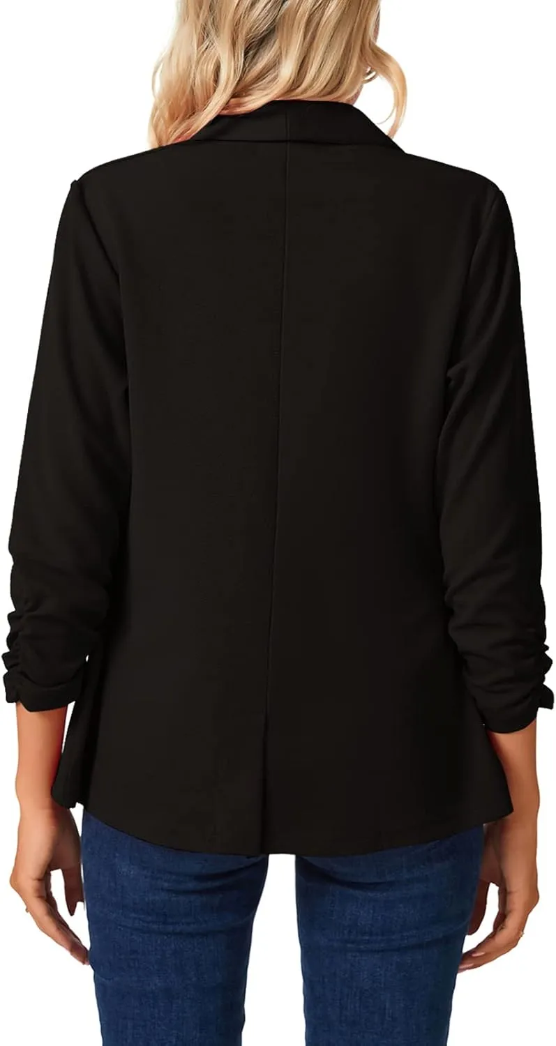 MINTLIMIT Womens Blazer 3/4 Ruched Sleeve Shawl Collar Business Work Blazers Open Front Casual Jackets with Pockets