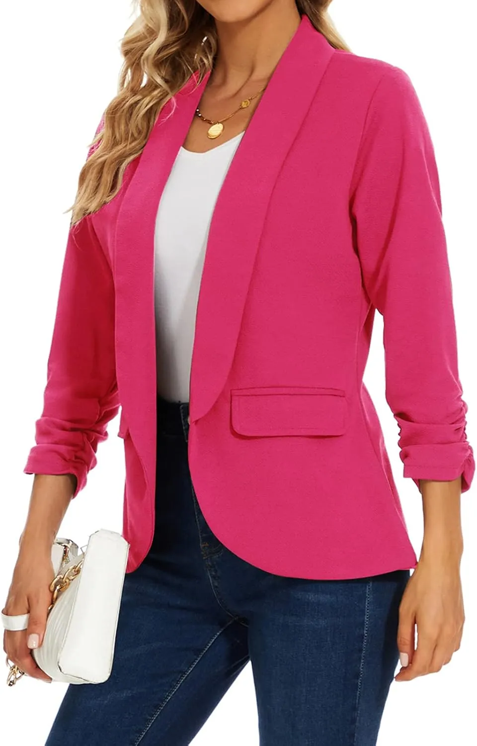 MINTLIMIT Womens Blazer 3/4 Ruched Sleeve Shawl Collar Business Work Blazers Open Front Casual Jackets with Pockets