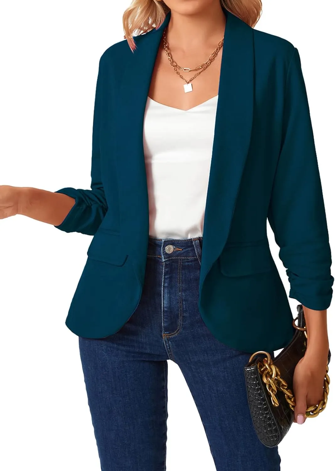 MINTLIMIT Womens Blazer 3/4 Ruched Sleeve Shawl Collar Business Work Blazers Open Front Casual Jackets with Pockets
