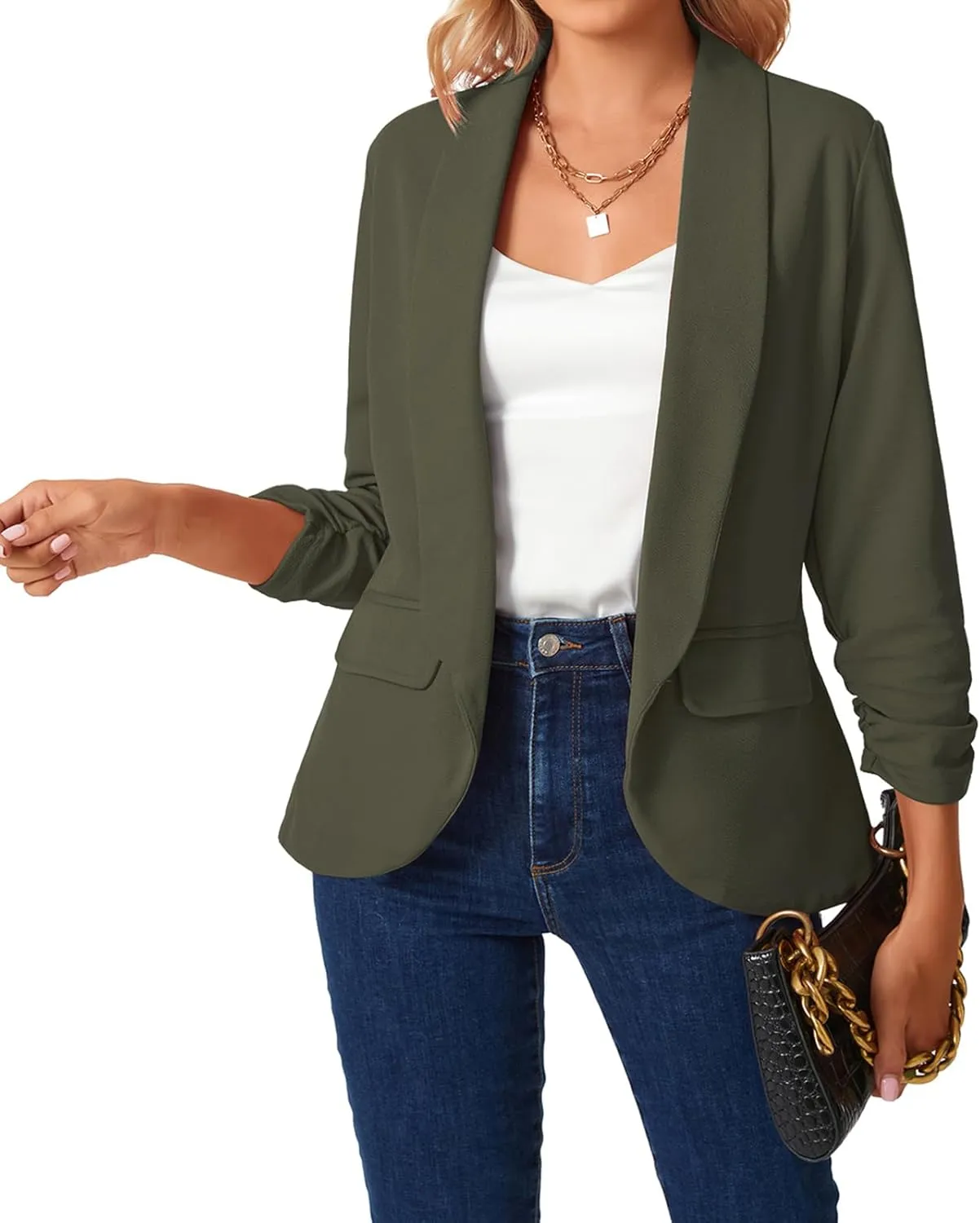 MINTLIMIT Womens Blazer 3/4 Ruched Sleeve Shawl Collar Business Work Blazers Open Front Casual Jackets with Pockets