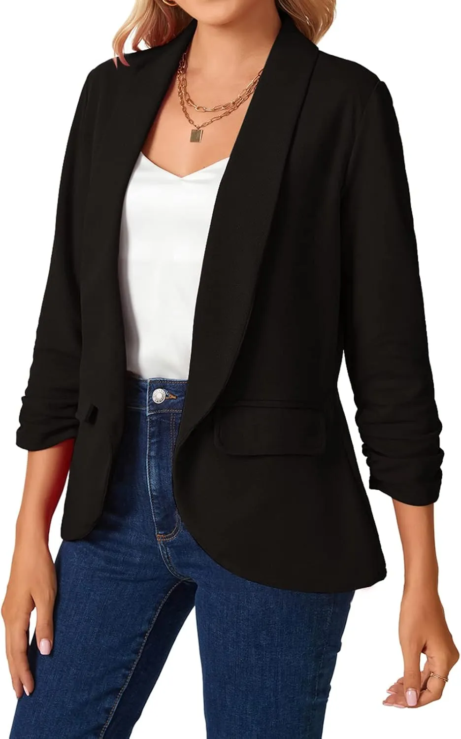 MINTLIMIT Womens Blazer 3/4 Ruched Sleeve Shawl Collar Business Work Blazers Open Front Casual Jackets with Pockets