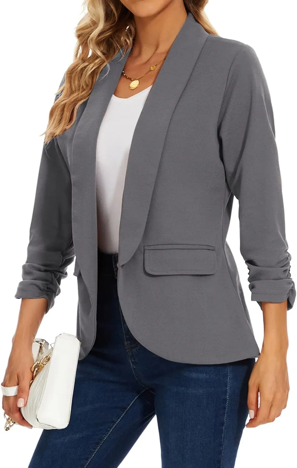 MINTLIMIT Womens Blazer 3/4 Ruched Sleeve Shawl Collar Business Work Blazers Open Front Casual Jackets with Pockets