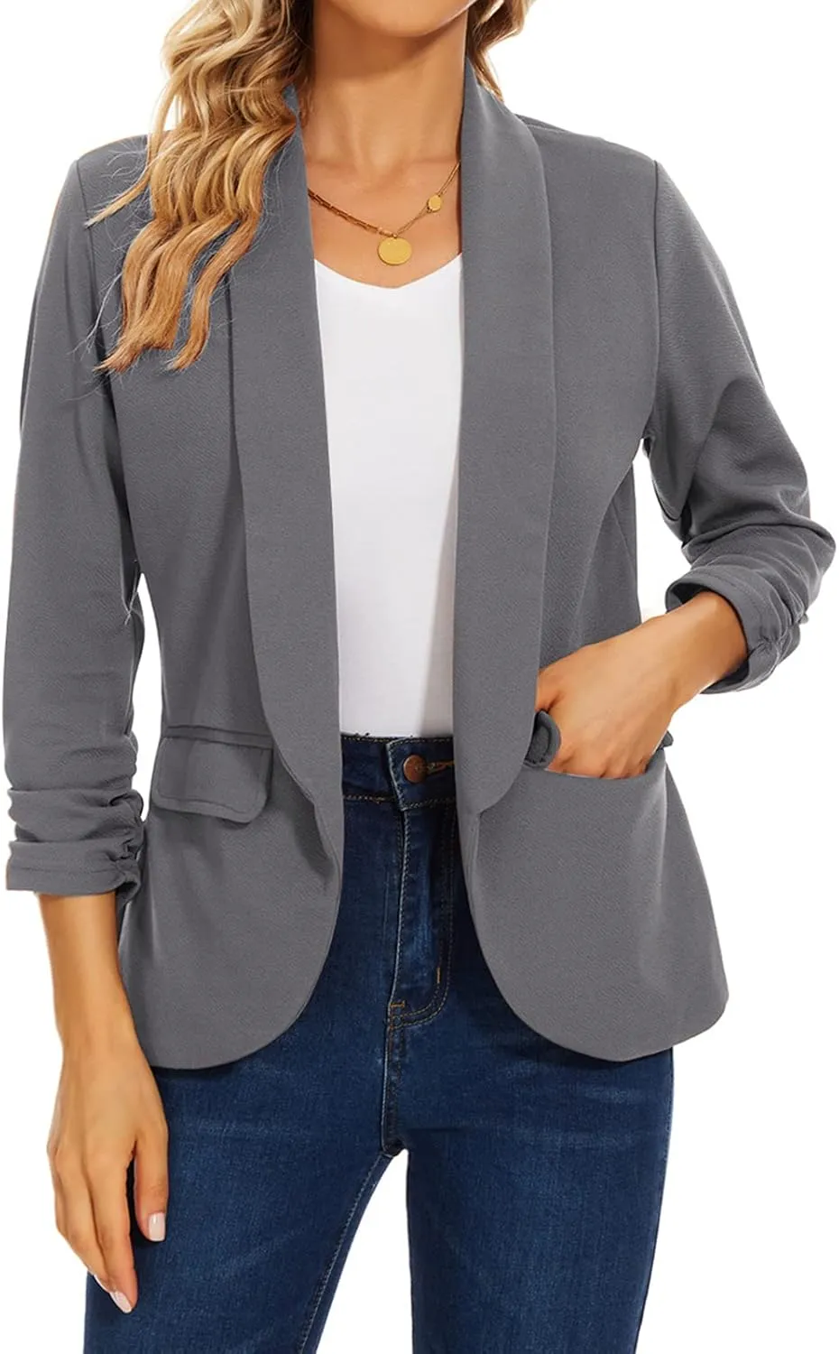 MINTLIMIT Womens Blazer 3/4 Ruched Sleeve Shawl Collar Business Work Blazers Open Front Casual Jackets with Pockets