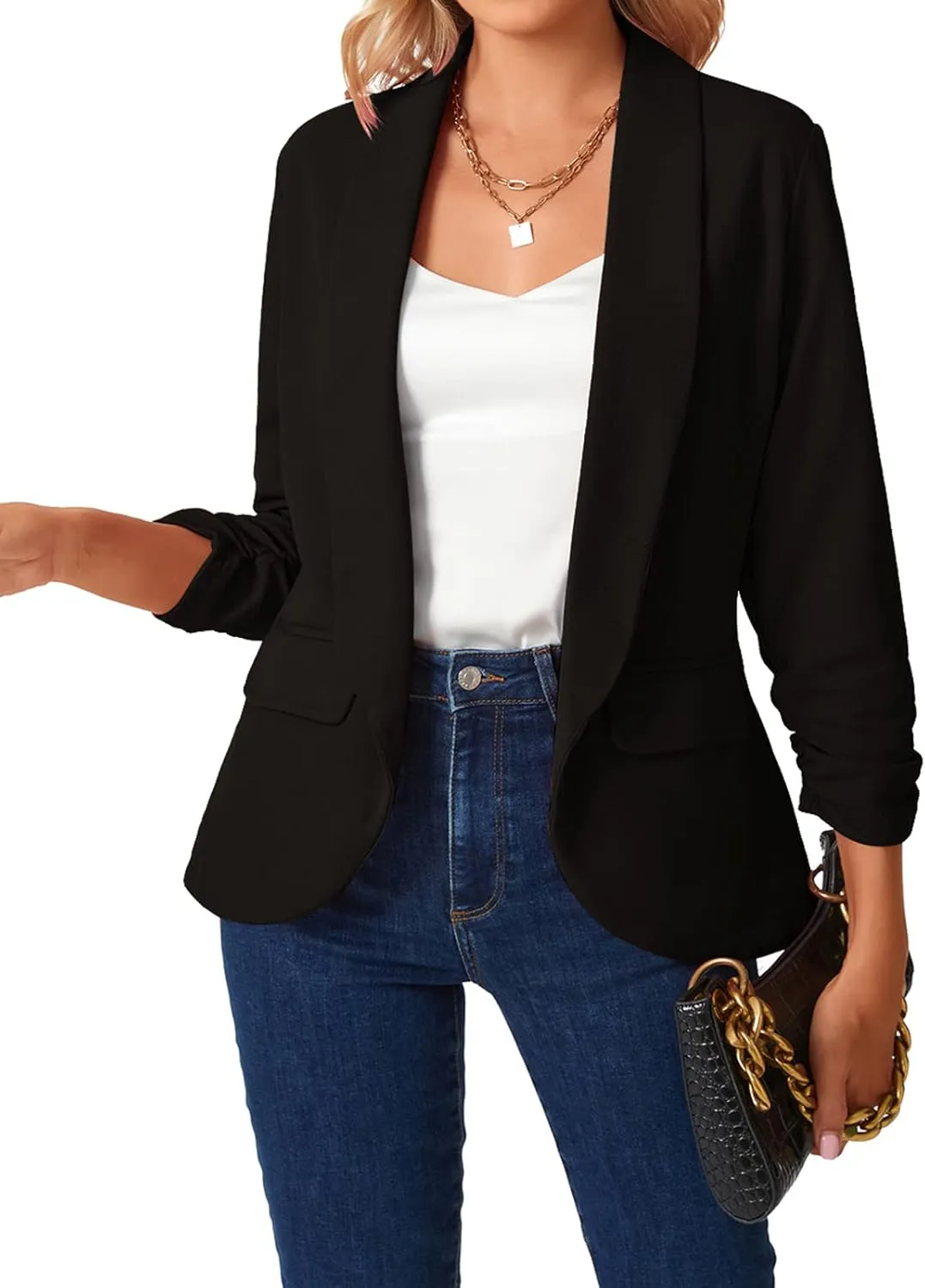 MINTLIMIT Womens Blazer 3/4 Ruched Sleeve Shawl Collar Business Work Blazers Open Front Casual Jackets with Pockets