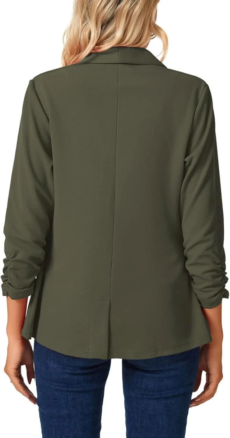 MINTLIMIT Womens Blazer 3/4 Ruched Sleeve Shawl Collar Business Work Blazers Open Front Casual Jackets with Pockets