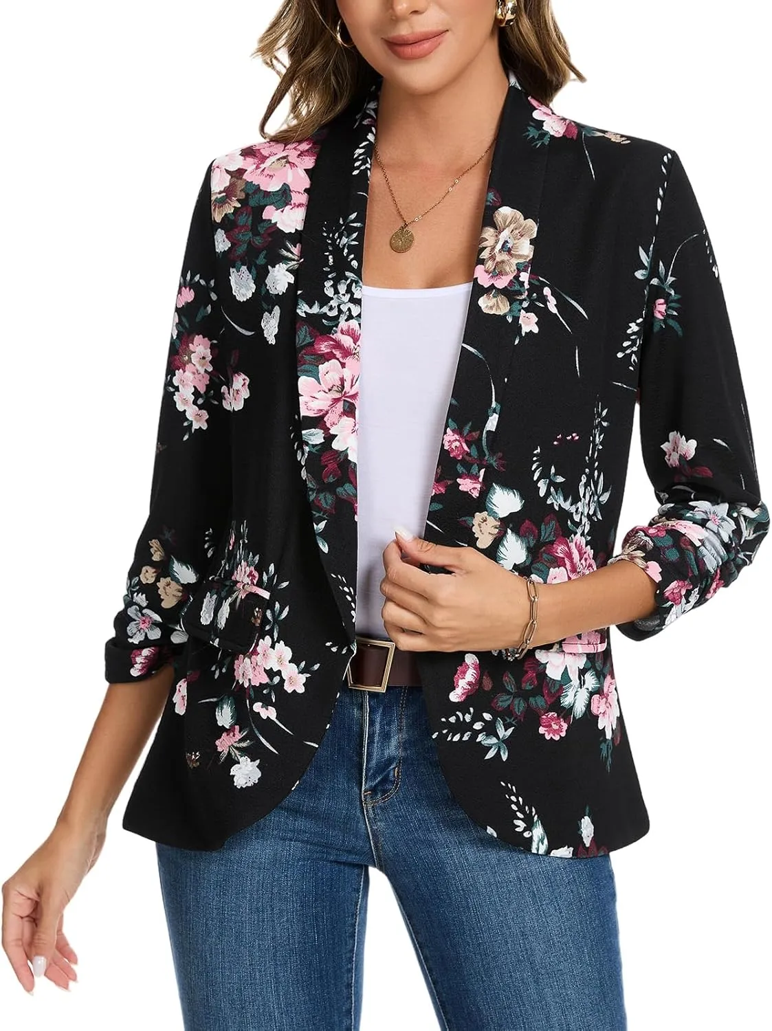 MINTLIMIT Womens Blazer 3/4 Ruched Sleeve Shawl Collar Business Work Blazers Open Front Casual Jackets with Pockets