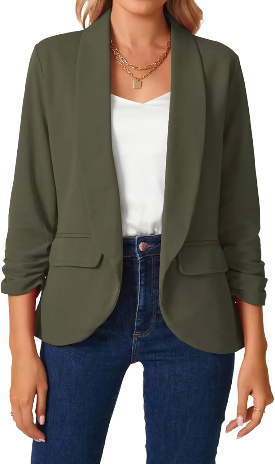 MINTLIMIT Womens Blazer 3/4 Ruched Sleeve Shawl Collar Business Work Blazers Open Front Casual Jackets with Pockets