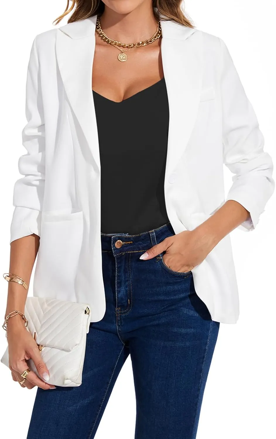 MINTLIMIT Women's Casual Long Sleeve Blazers Lapel Shoulder Pad Button Work Blazer Fully Lined Suit Jacket with Pockets