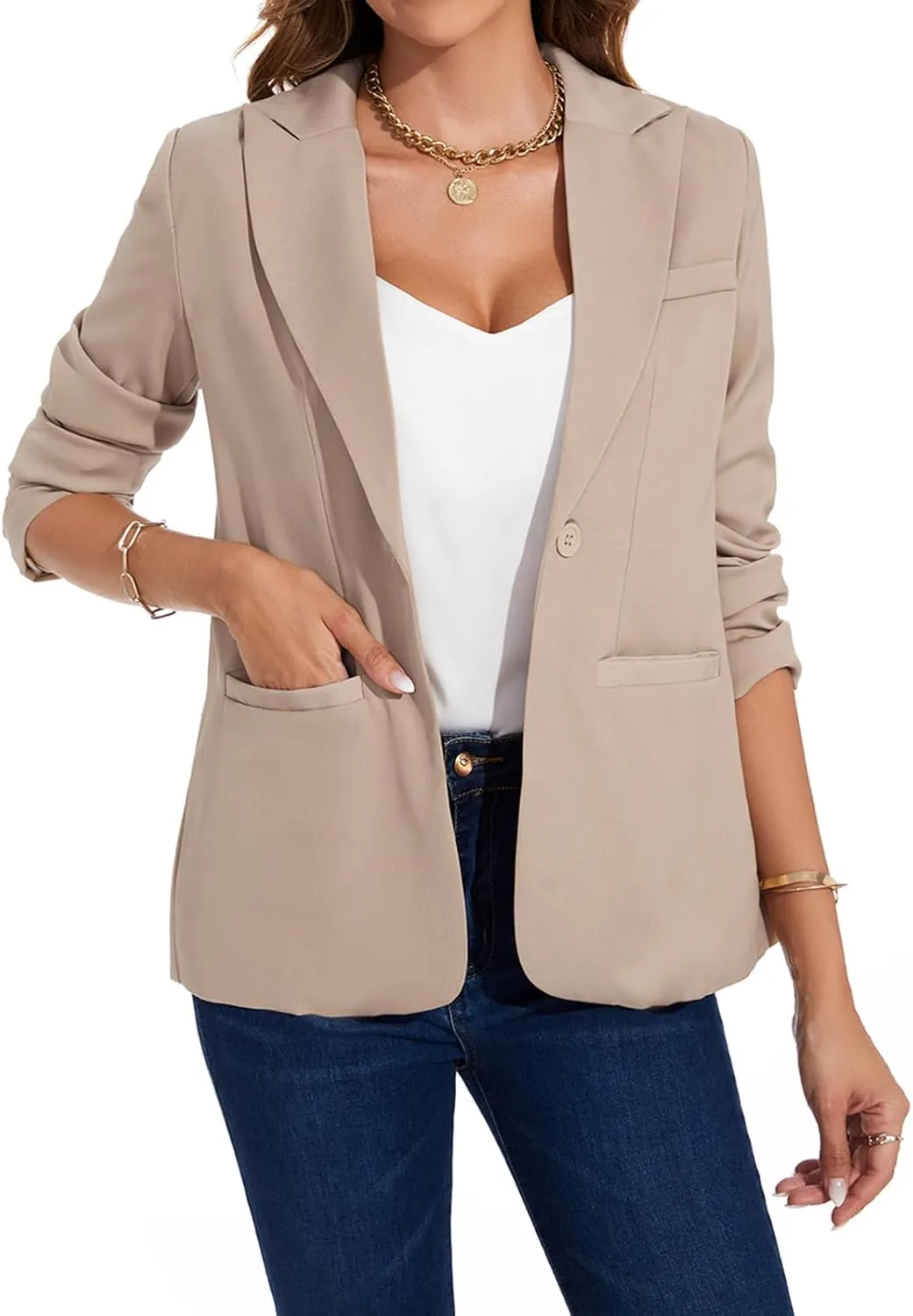 MINTLIMIT Women's Casual Long Sleeve Blazers Lapel Shoulder Pad Button Work Blazer Fully Lined Suit Jacket with Pockets