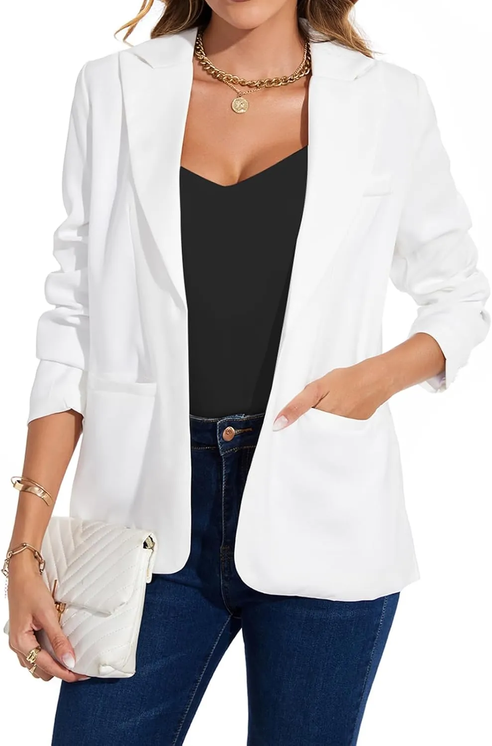 MINTLIMIT Women's Casual Long Sleeve Blazers Lapel Shoulder Pad Button Work Blazer Fully Lined Suit Jacket with Pockets