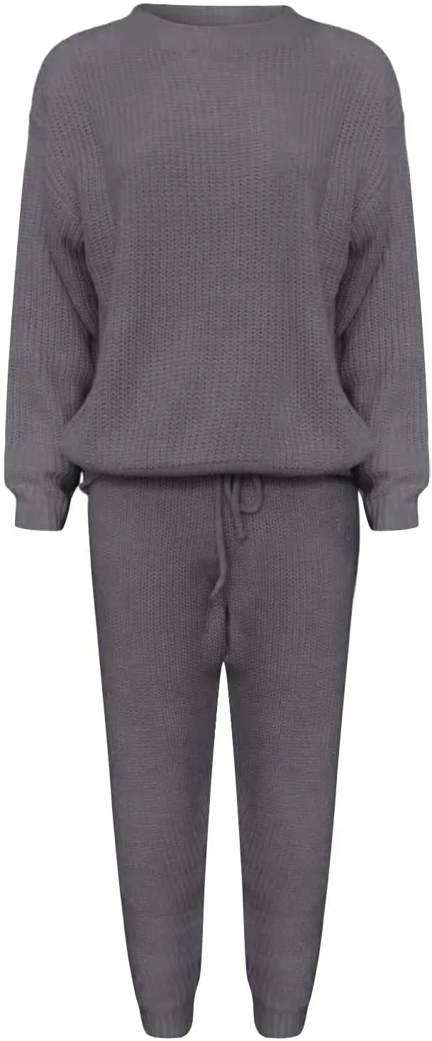 Miyaomn Casual Ribbed Knit Sets for Women 2 Piece Outfit Long Sleeve Pullover Sweater Top and Drawstring Long Pants Sweatsuit