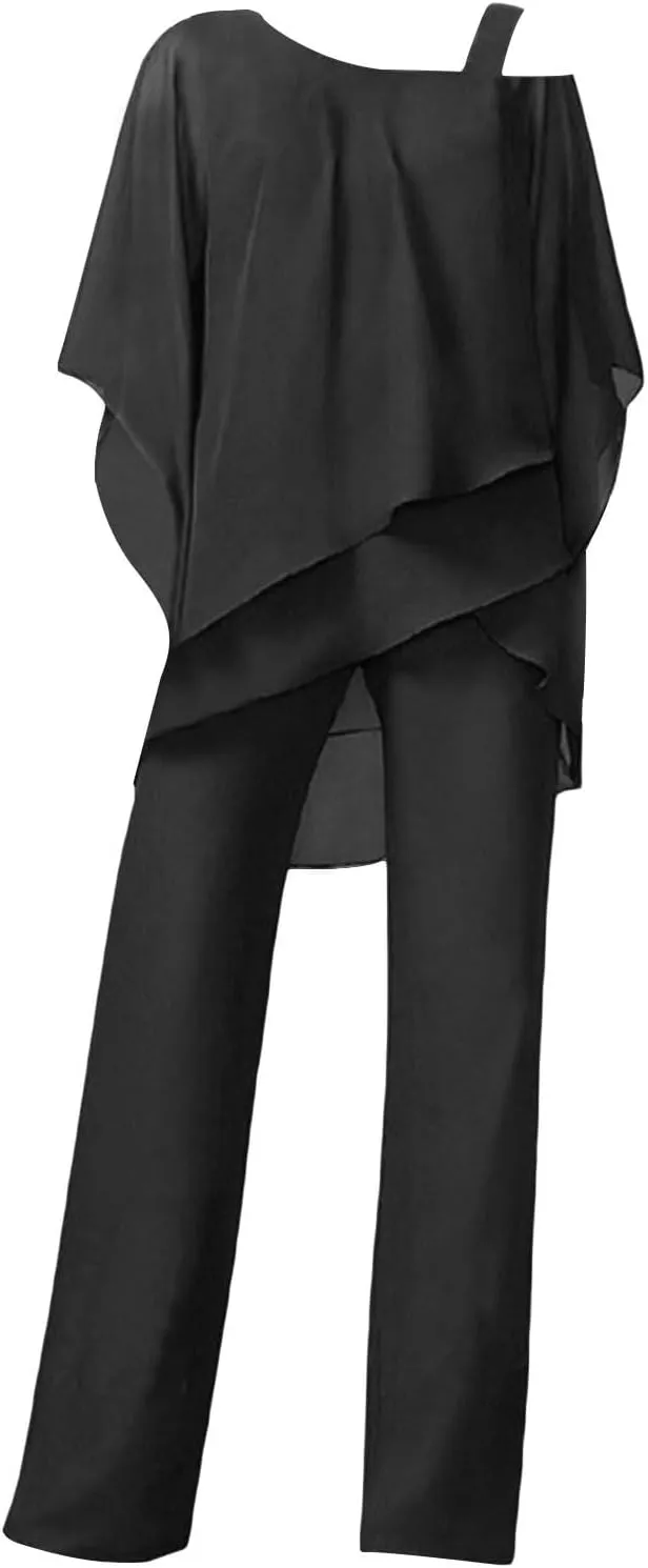 Miyaomn Elegant Pantsuit for Women 2 Piece Half Sleeve Cold Shoulder Hi-Low Top and Long Dress Pants Set Wedding Party Outfit