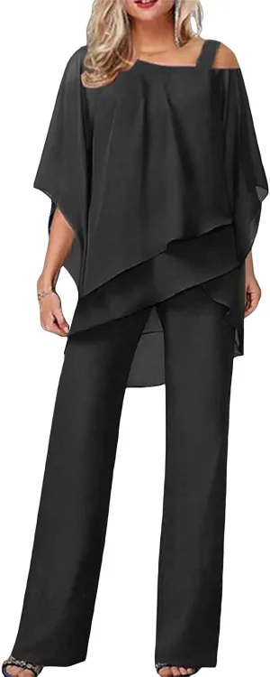 Miyaomn Elegant Pantsuit for Women 2 Piece Half Sleeve Cold Shoulder Hi-Low Top and Long Dress Pants Set Wedding Party Outfit
