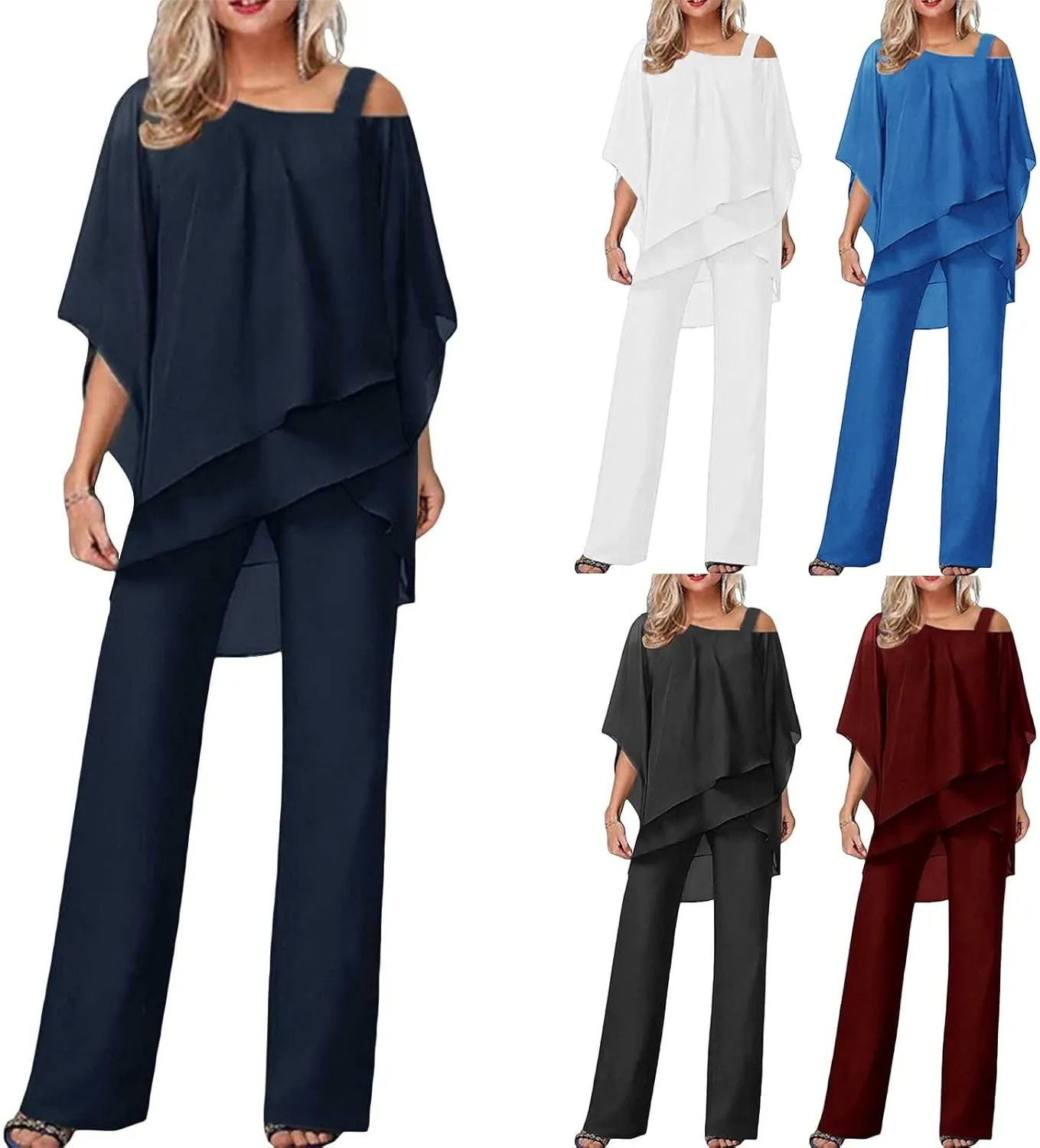 Miyaomn Elegant Pantsuit for Women 2 Piece Half Sleeve Cold Shoulder Hi-Low Top and Long Dress Pants Set Wedding Party Outfit