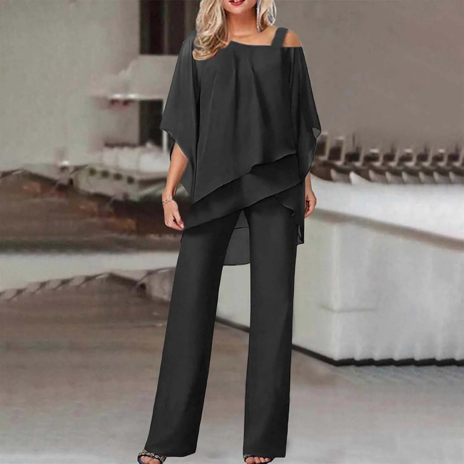 Miyaomn Elegant Pantsuit for Women 2 Piece Half Sleeve Cold Shoulder Hi-Low Top and Long Dress Pants Set Wedding Party Outfit