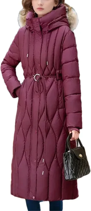 Pulcykp Women Winter Long Down Jacket Hooded Slim Coat Thick Cotton-Padded Jackets With Belt