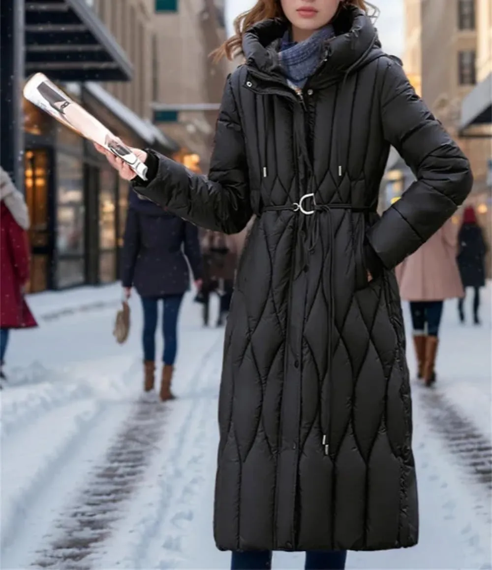 Pulcykp Women Winter Long Down Jacket Hooded Slim Coat Thick Cotton-Padded Jackets With Belt