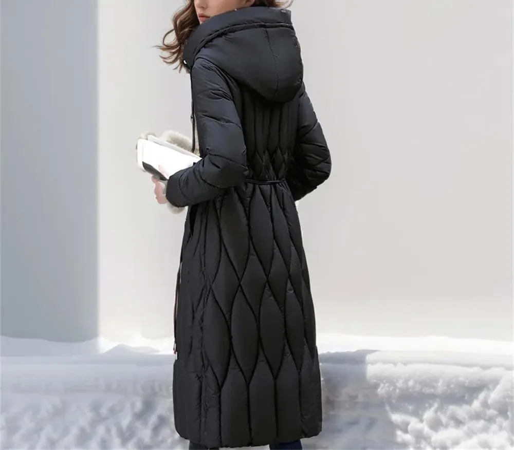 Pulcykp Women Winter Long Down Jacket Hooded Slim Coat Thick Cotton-Padded Jackets With Belt