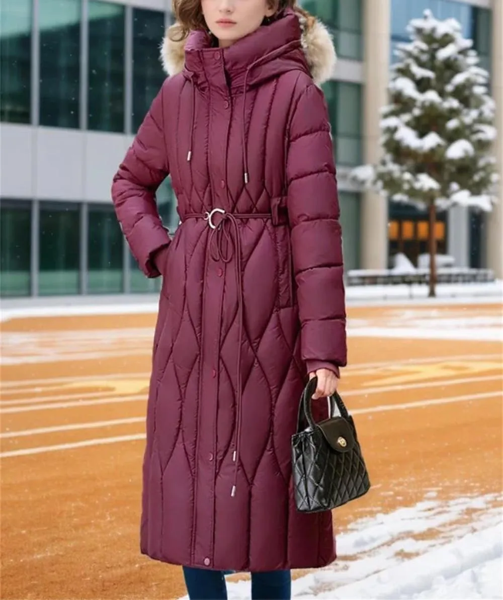 Pulcykp Women Winter Long Down Jacket Hooded Slim Coat Thick Cotton-Padded Jackets With Belt