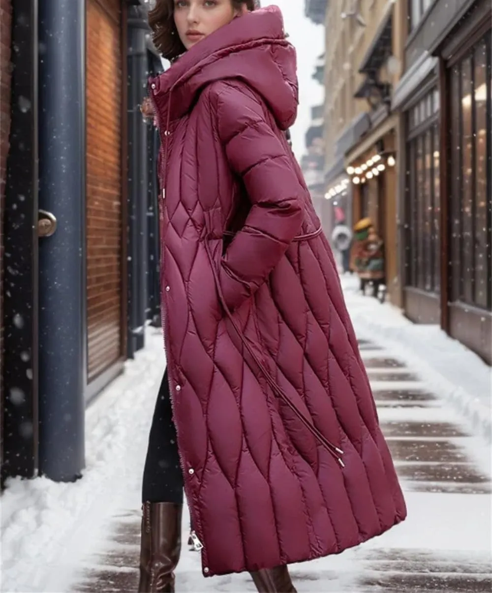 Pulcykp Women Winter Long Down Jacket Hooded Slim Coat Thick Cotton-Padded Jackets With Belt