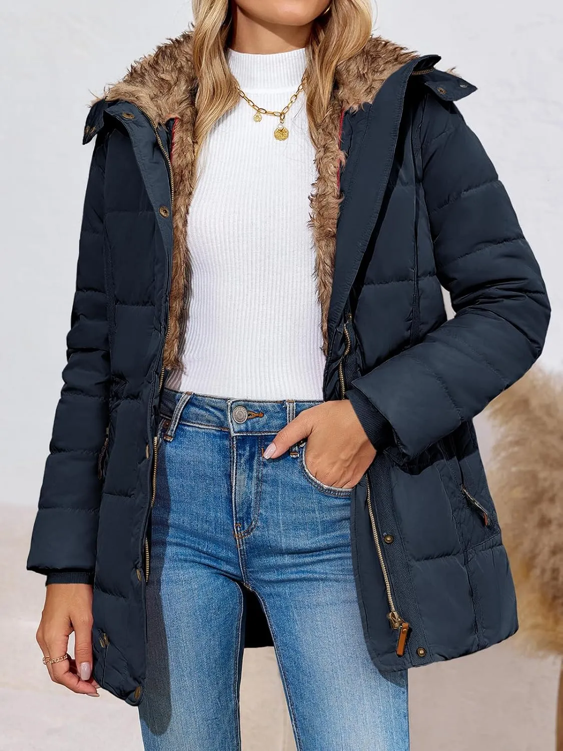 Remikstyt Womens Coats Winter Zipper Hooded Faux Fur Inside Down Jackets