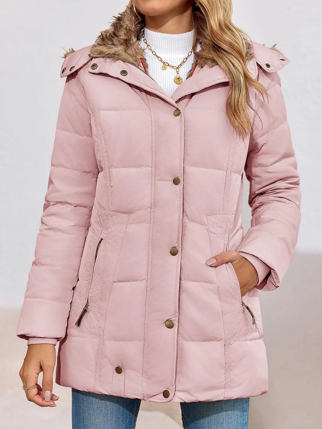 Remikstyt Womens Coats Winter Zipper Hooded Faux Fur Inside Down Jackets