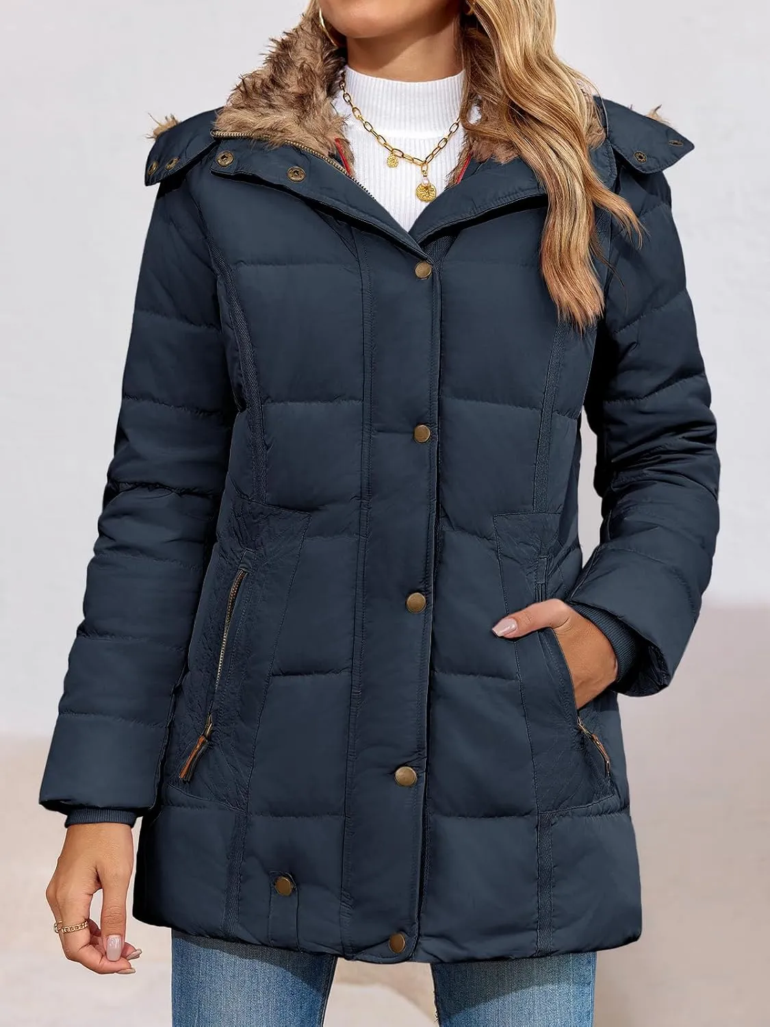 Remikstyt Womens Coats Winter Zipper Hooded Faux Fur Inside Down Jackets