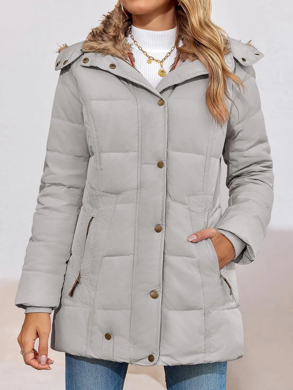 Remikstyt Womens Coats Winter Zipper Hooded Faux Fur Inside Down Jackets