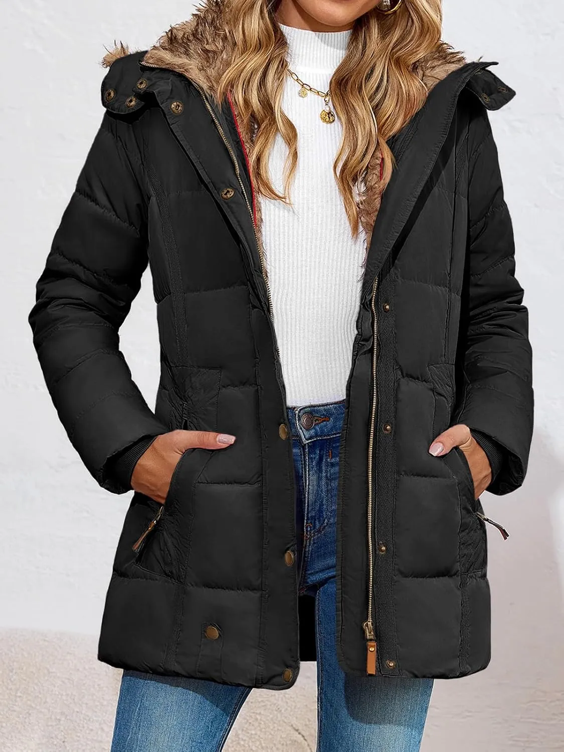 Remikstyt Womens Coats Winter Zipper Hooded Faux Fur Inside Down Jackets