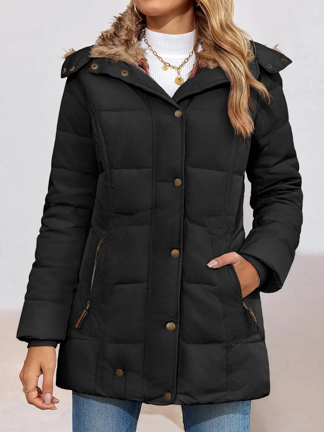 Remikstyt Womens Coats Winter Zipper Hooded Faux Fur Inside Down Jackets