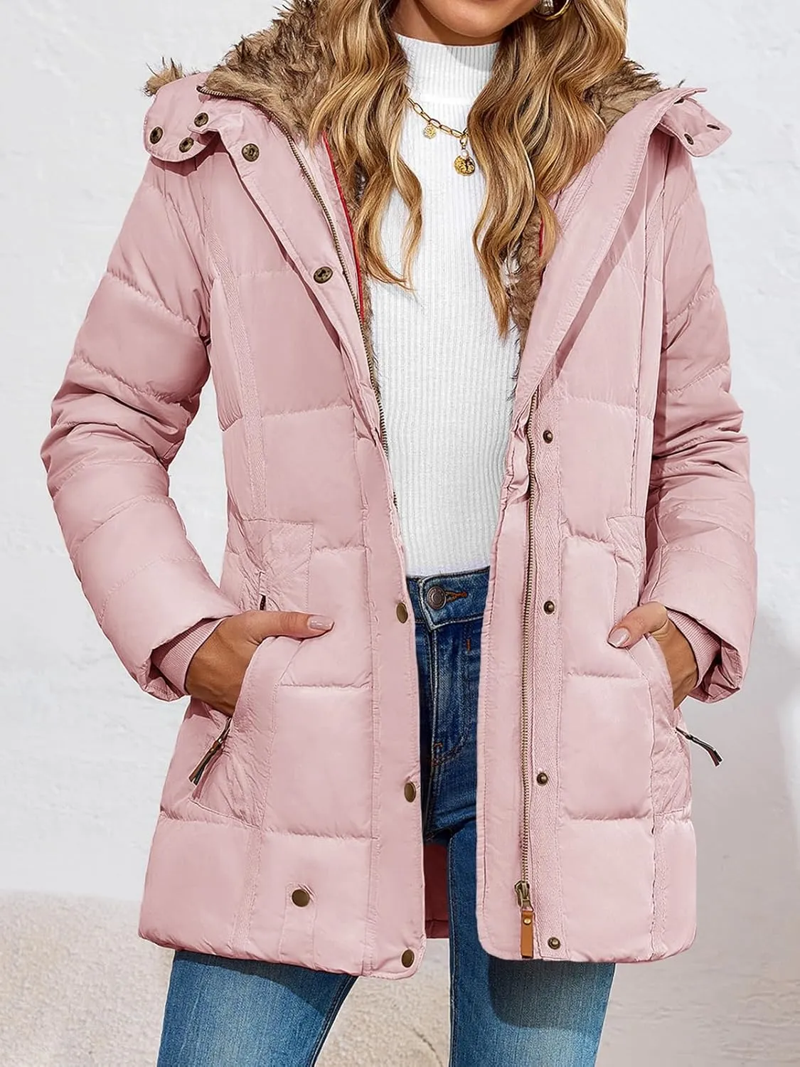 Remikstyt Womens Coats Winter Zipper Hooded Faux Fur Inside Down Jackets