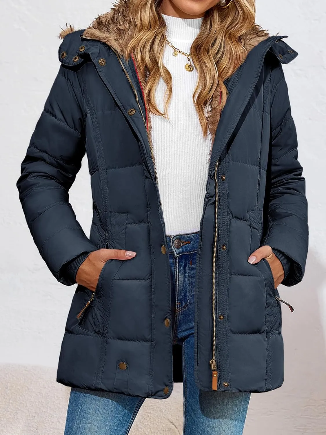 Remikstyt Womens Coats Winter Zipper Hooded Faux Fur Inside Down Jackets