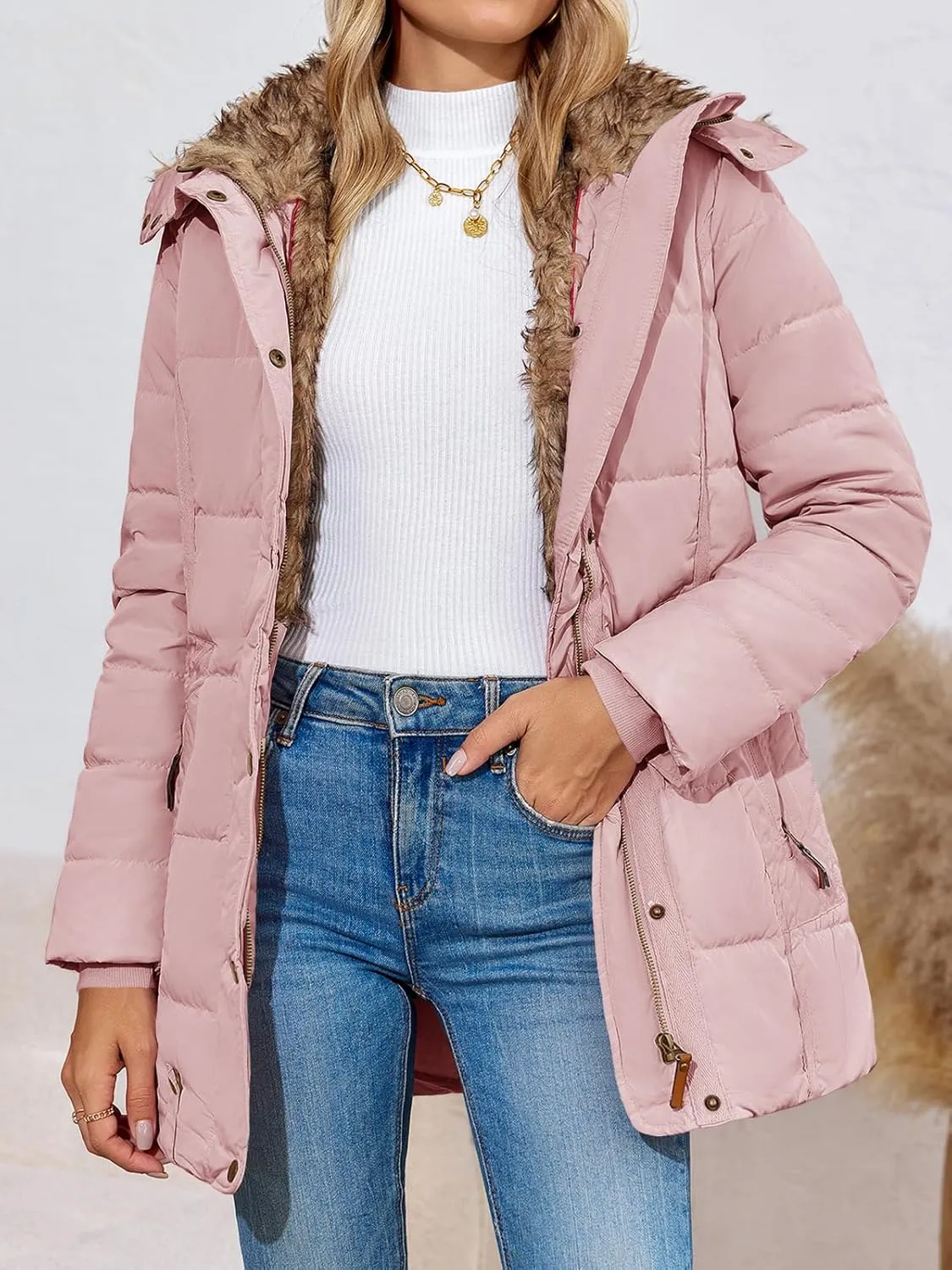 Remikstyt Womens Coats Winter Zipper Hooded Faux Fur Inside Down Jackets