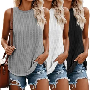 Riyiper 3 Pack Women's Waffle Knit Tank Tops, Casual Crewneck Sleeveless Shirts Loose Summer Basic Tees Curved Hem Tunic Tops(Black, Light Gray, White,XX-Large)
