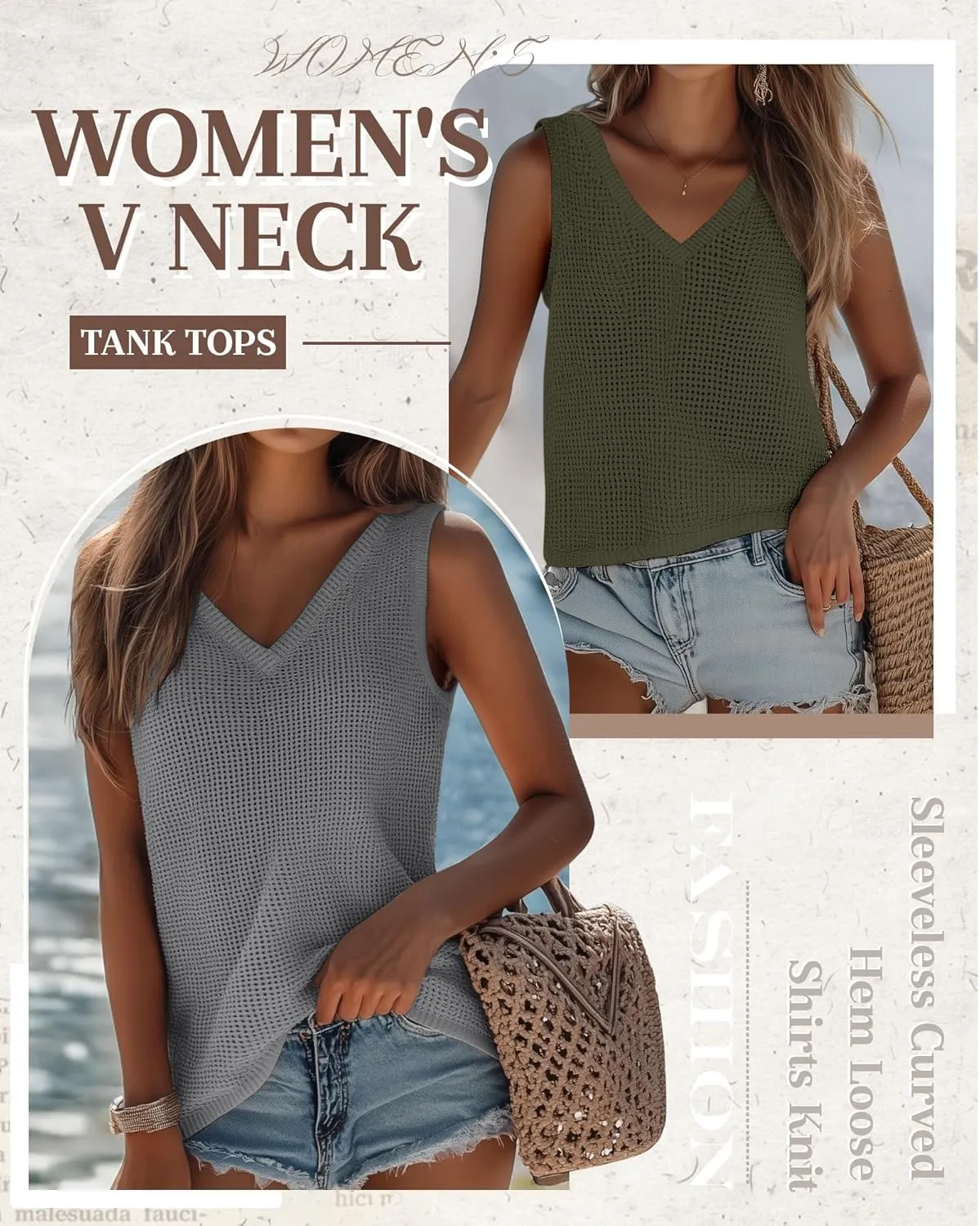 Riyiper 3 Pack Women's Waffle Knit Tank Tops, Loose Fit V Neck Sleeveless Casual Summer Curved Hem Basic Tees Flowy Shirts
