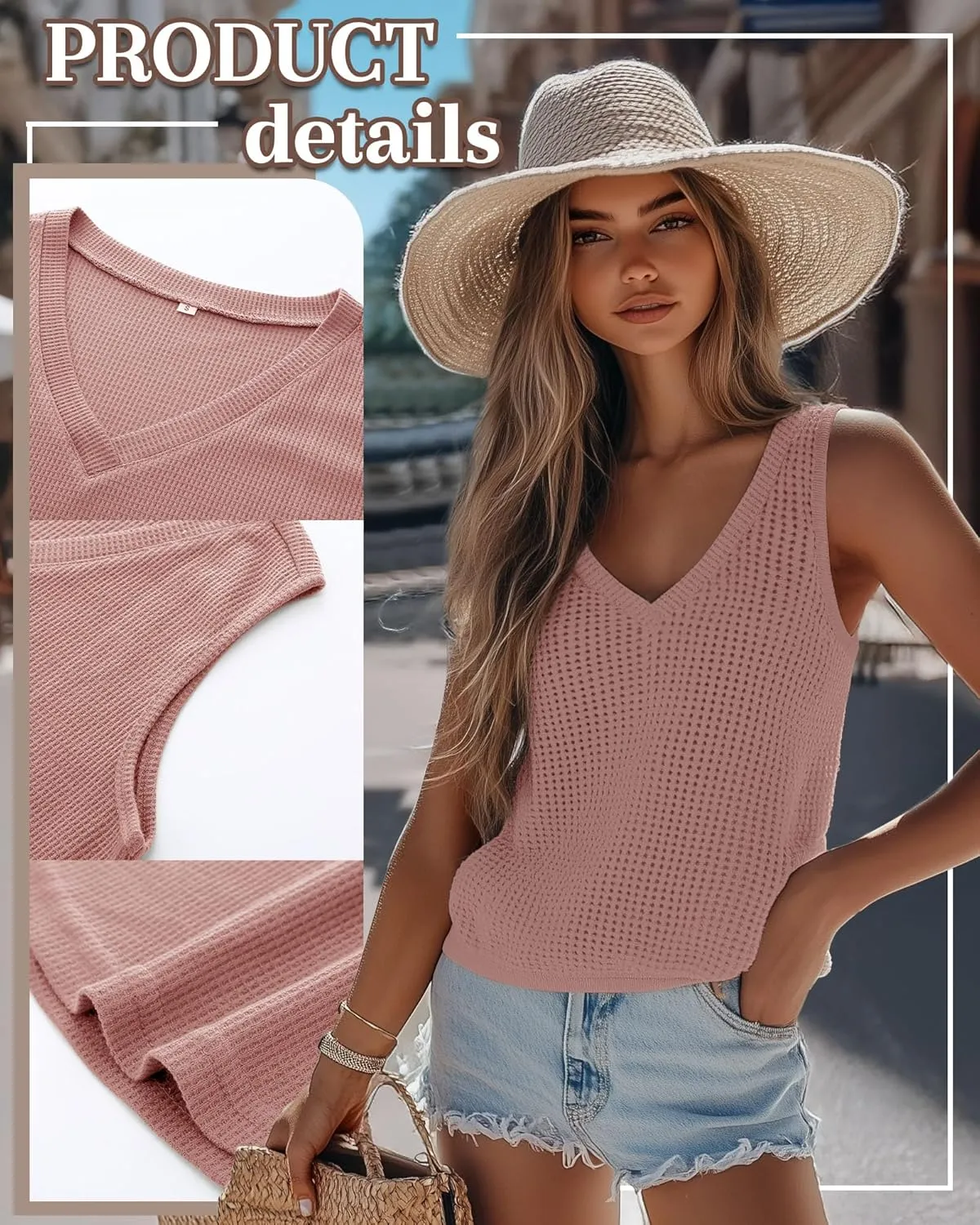 Riyiper 3 Pack Women's Waffle Knit Tank Tops, Loose Fit V Neck Sleeveless Casual Summer Curved Hem Basic Tees Flowy Shirts