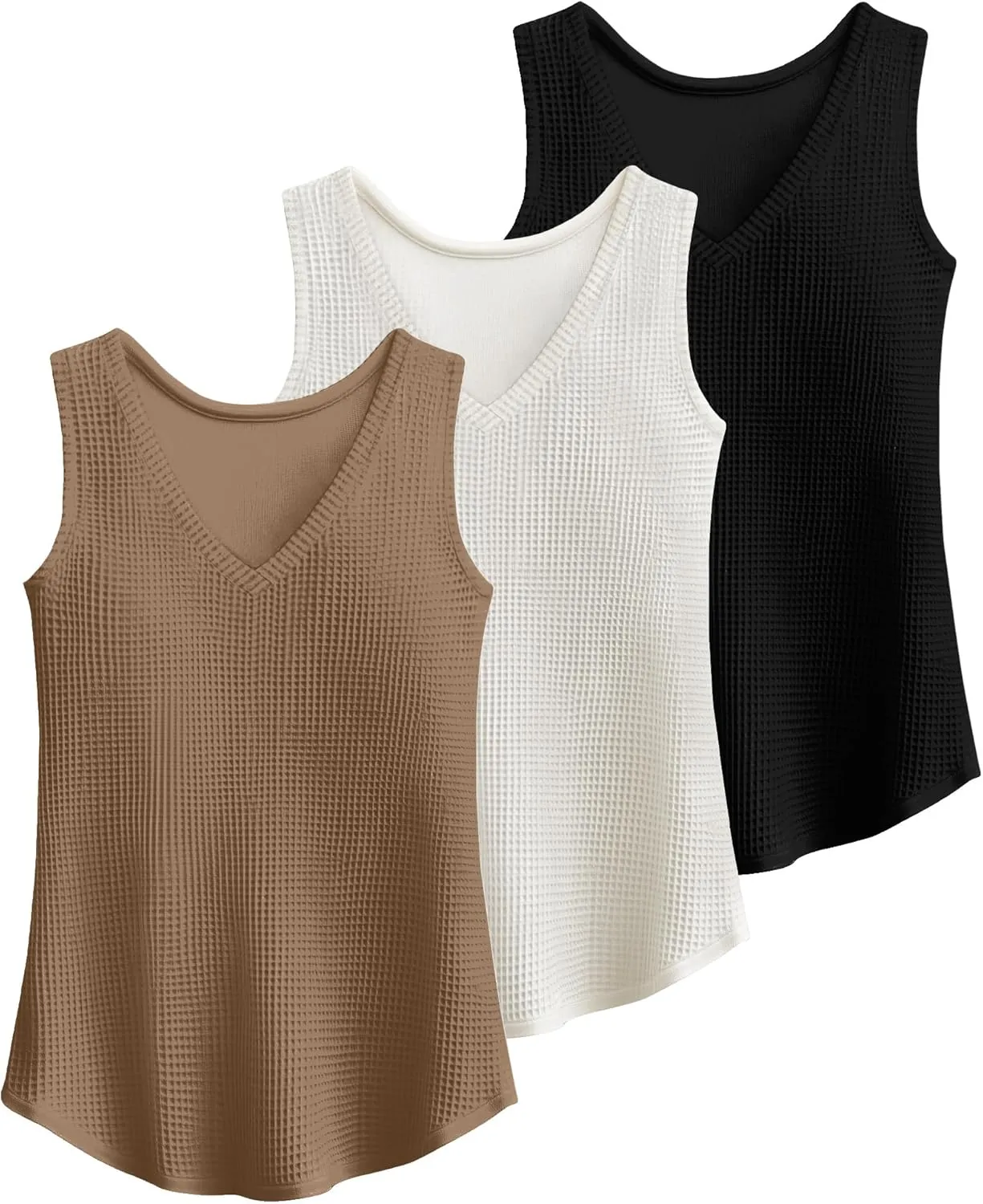 Riyiper 3 Pack Women's Waffle Knit Tank Tops, Loose Fit V Neck Sleeveless Casual Summer Curved Hem Basic Tees Flowy Shirts