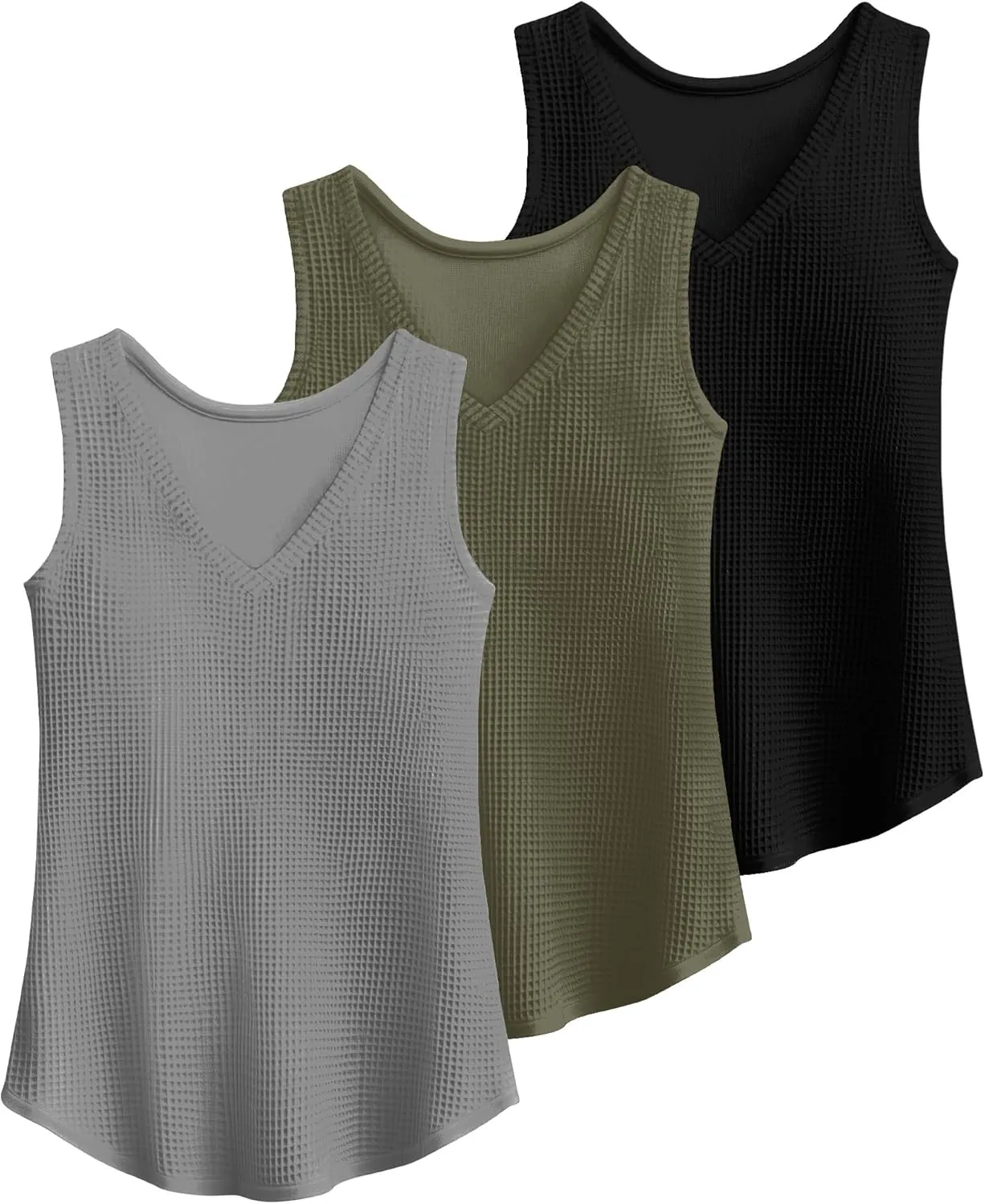 Riyiper 3 Pack Women's Waffle Knit Tank Tops, Loose Fit V Neck Sleeveless Casual Summer Curved Hem Basic Tees Flowy Shirts