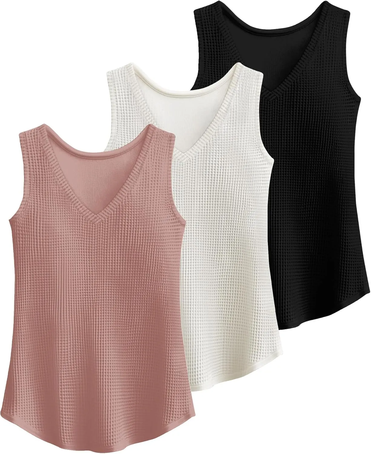 Riyiper 3 Pack Women's Waffle Knit Tank Tops, Loose Fit V Neck Sleeveless Casual Summer Curved Hem Basic Tees Flowy Shirts