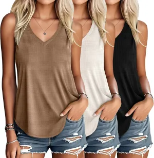 Riyiper 3 Pack Women's Waffle Knit Tank Tops, Loose Fit V Neck Sleeveless Casual Summer Curved Hem Basic Tees Flowy Shirts