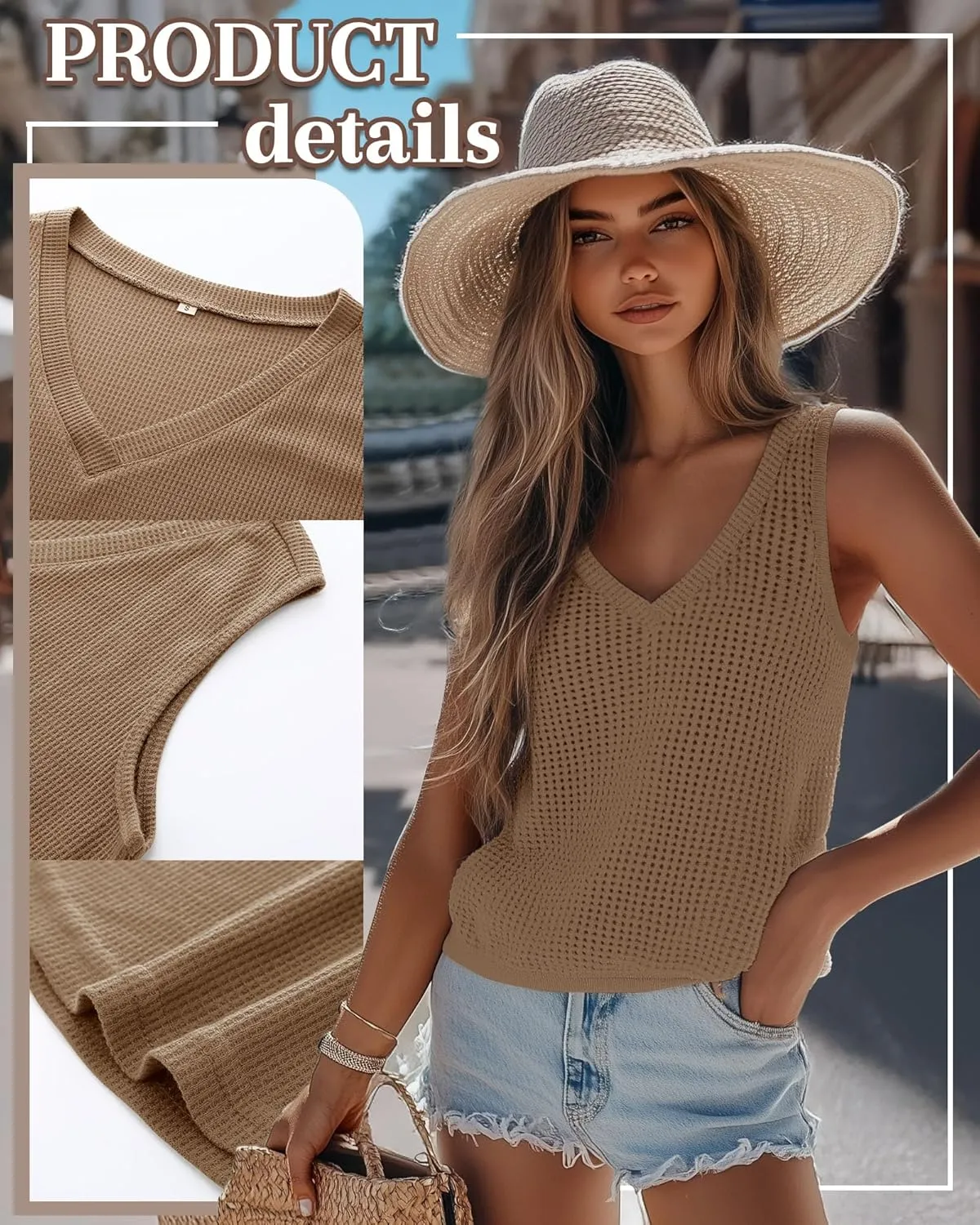 Riyiper 3 Pack Women's Waffle Knit Tank Tops, Loose Fit V Neck Sleeveless Casual Summer Curved Hem Basic Tees Flowy Shirts