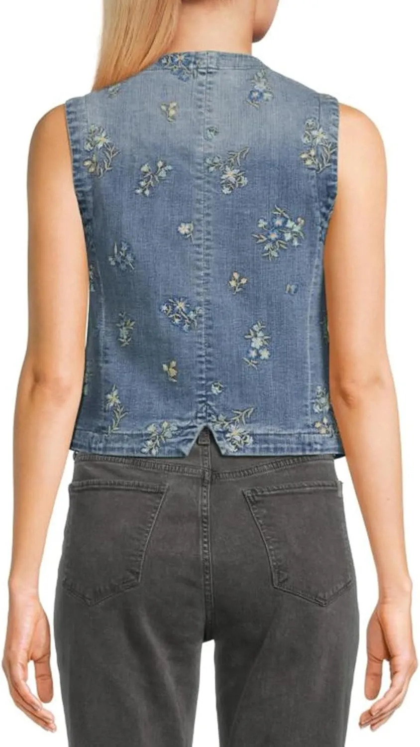 SCOFEEL Women's Denim Vest Top Embroidery Button Down V Neck Slim Fitted Jean Vest Summer Casual Sleeveless Jacket
